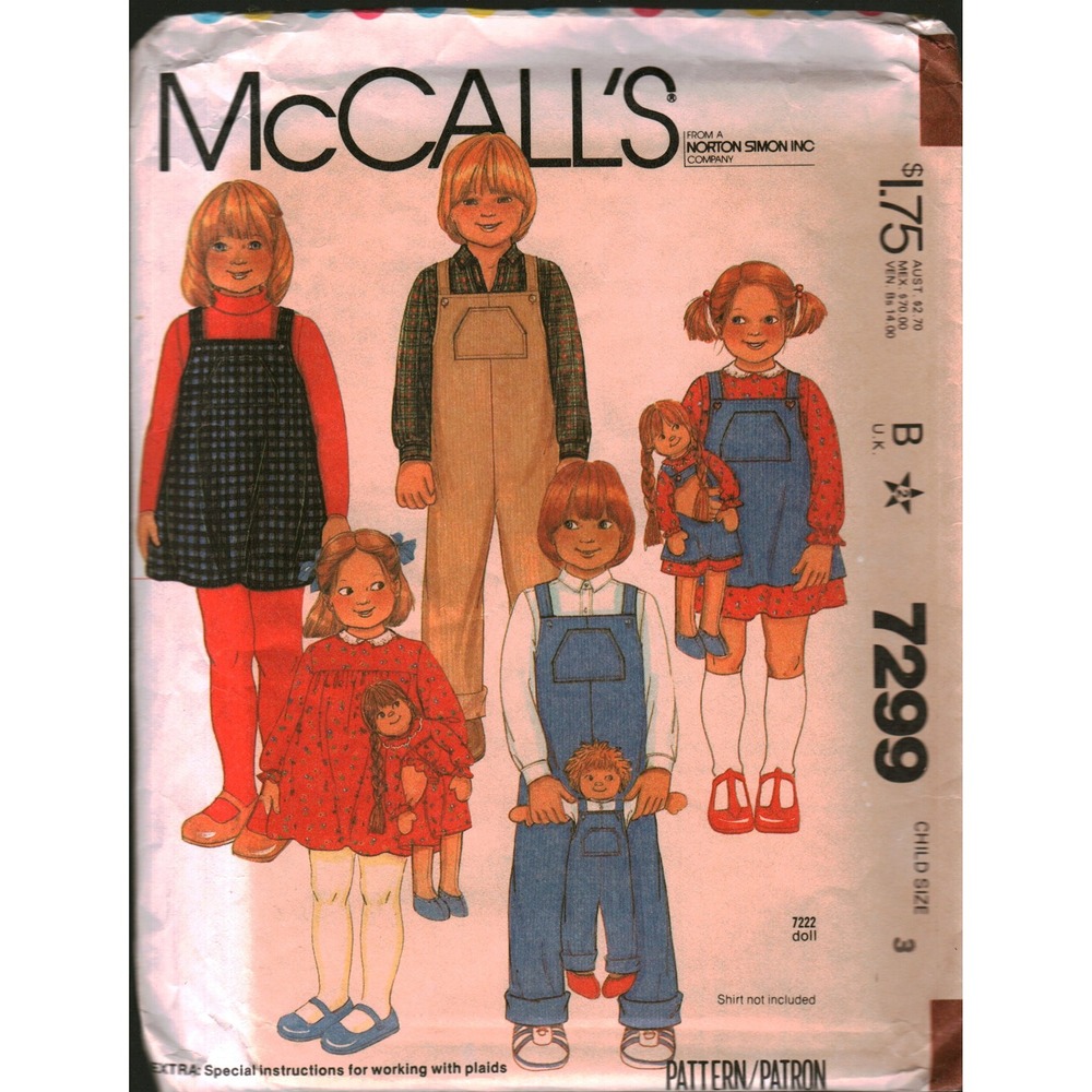Vintage McCall's 7299 Sewing Pattern Child Size 3 Dress Jumper Overalls Doll